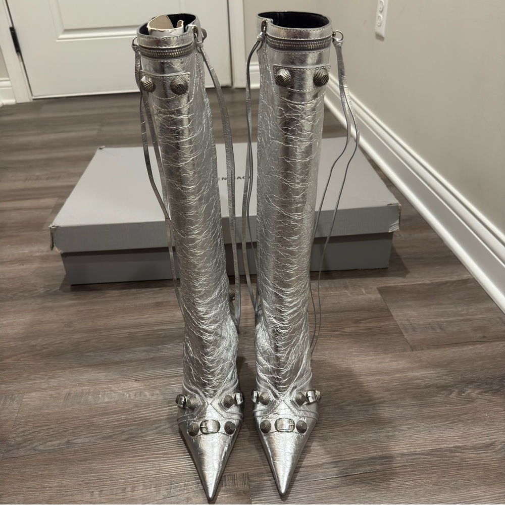 Balenciaga Cagole 90mm Metallic Arena Silver Heeled Tall Boots - Picture 1 of 16